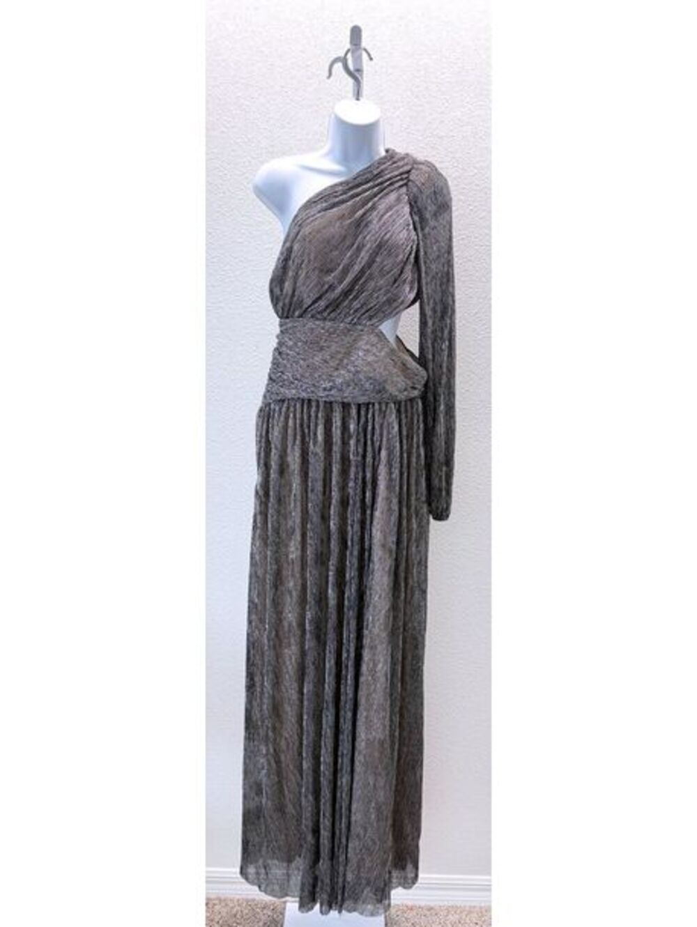 Luxxel Silver Metallic One Shoulder Cutout Maxi Dress Long Sleeve Size Large